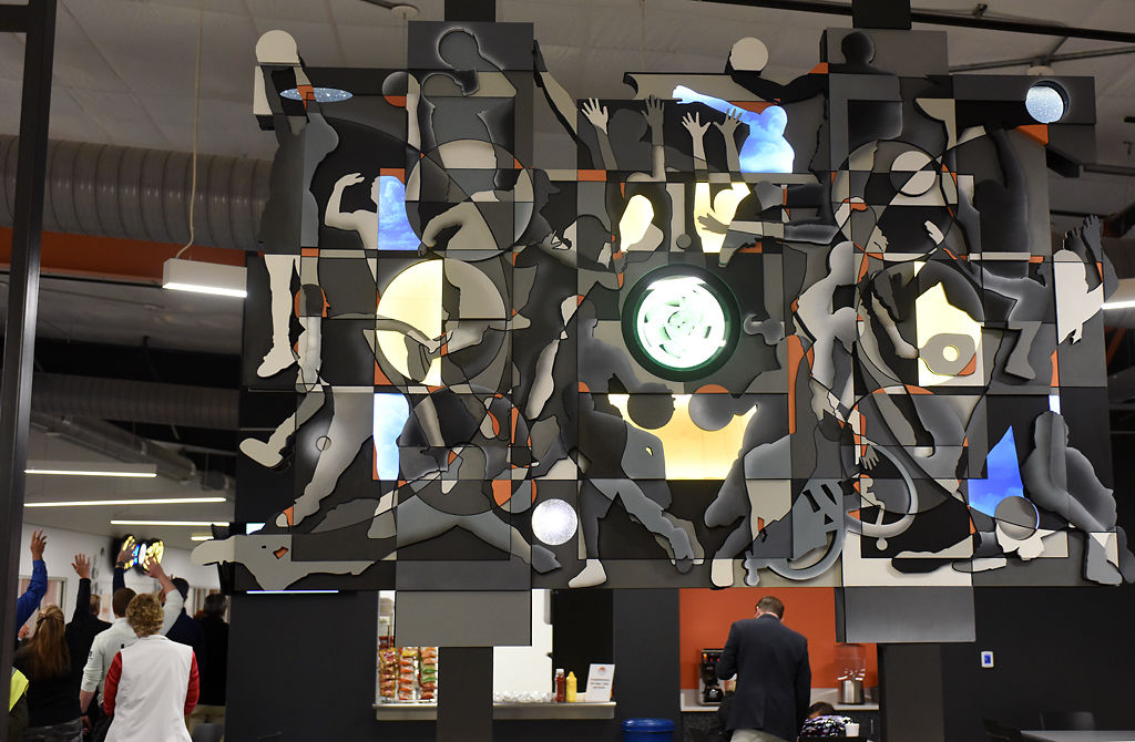 Artwork by David Spear is on display during a dedication ceremony for the new Columbia Sports Fieldhouse Thursday